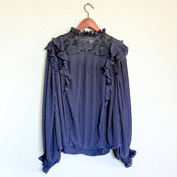Anthropologie Sheer Pleated Ruffled Blouse Navy Blue | Corporate Goth | Size 1X - Picture 3 of 14